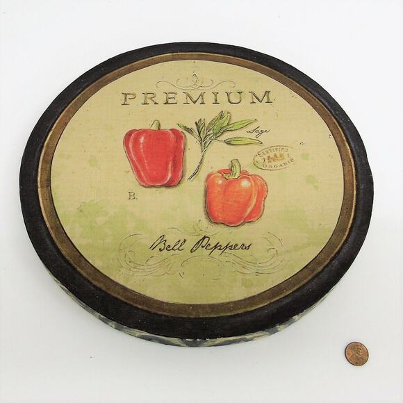 12" Round Canvas RED BELL PEPPERS & SAGE WALL ART Organic Food Kitchen Hanging! - Picture 4 of 5